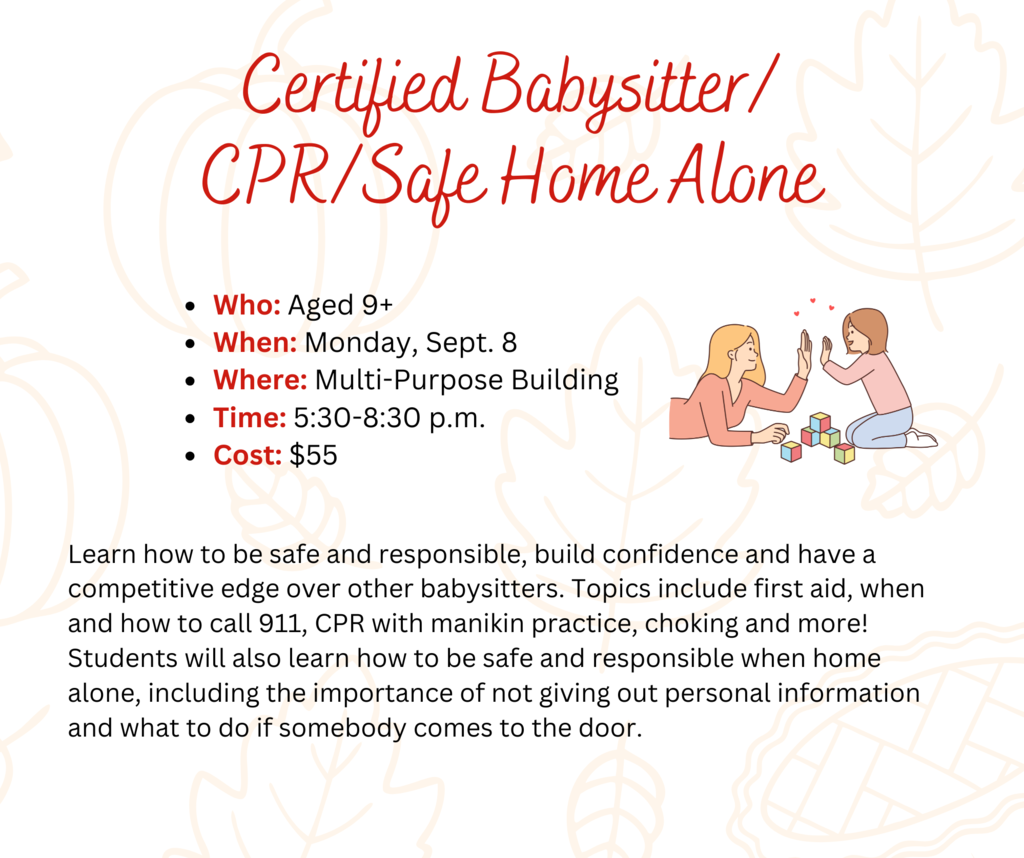 white background with black and red text detailing the upcoming babysitter class on Sept. 8th at the MPB