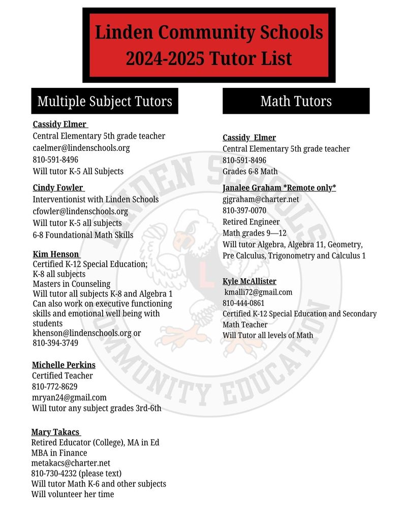 text with list of tutors