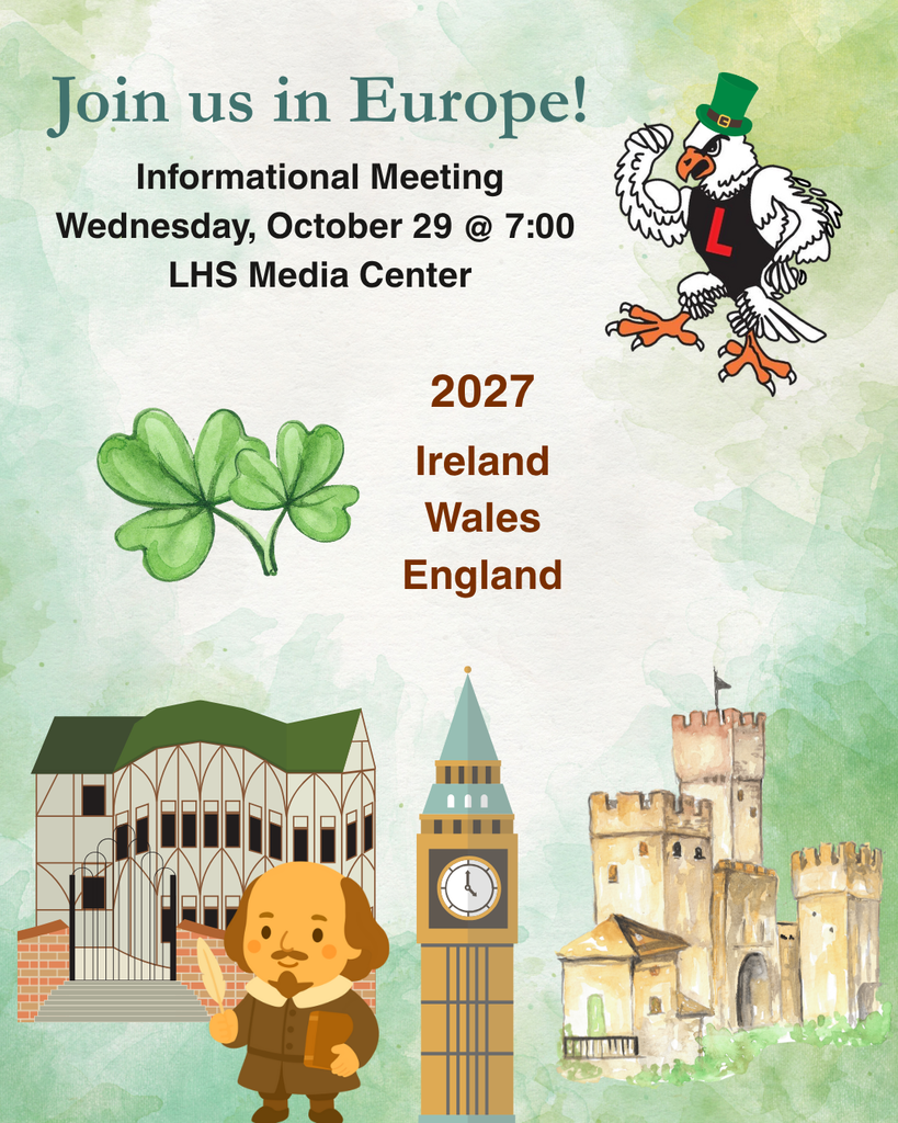 Graphic of William Shakespeare, the globe theater, big ben, a castle, shamrocks, and the tuffy mascot wearing a leprechaun's hat