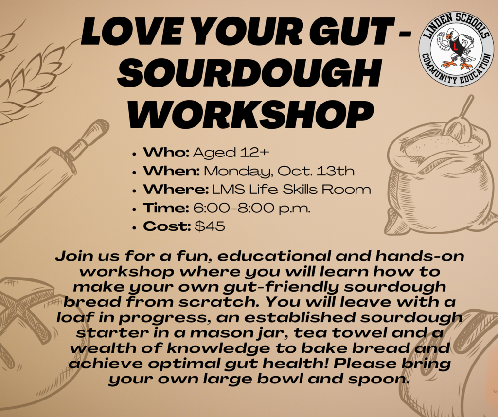tan background with black text detailing the upcoming sourdough workshop on Monday, Oct. 13th
