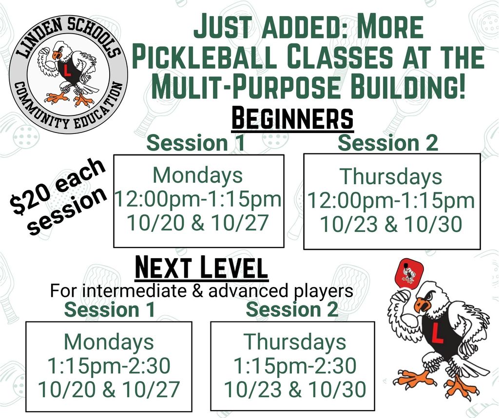 Text with white background info on pickleball classes