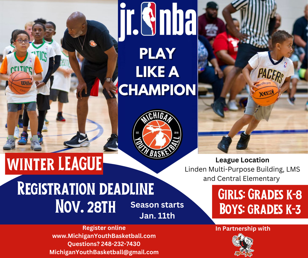 blue and red blocks with pictures of kids playing basketball highlighting the registration deadline for the Jr. NBA winter league on Nov,. 28th 