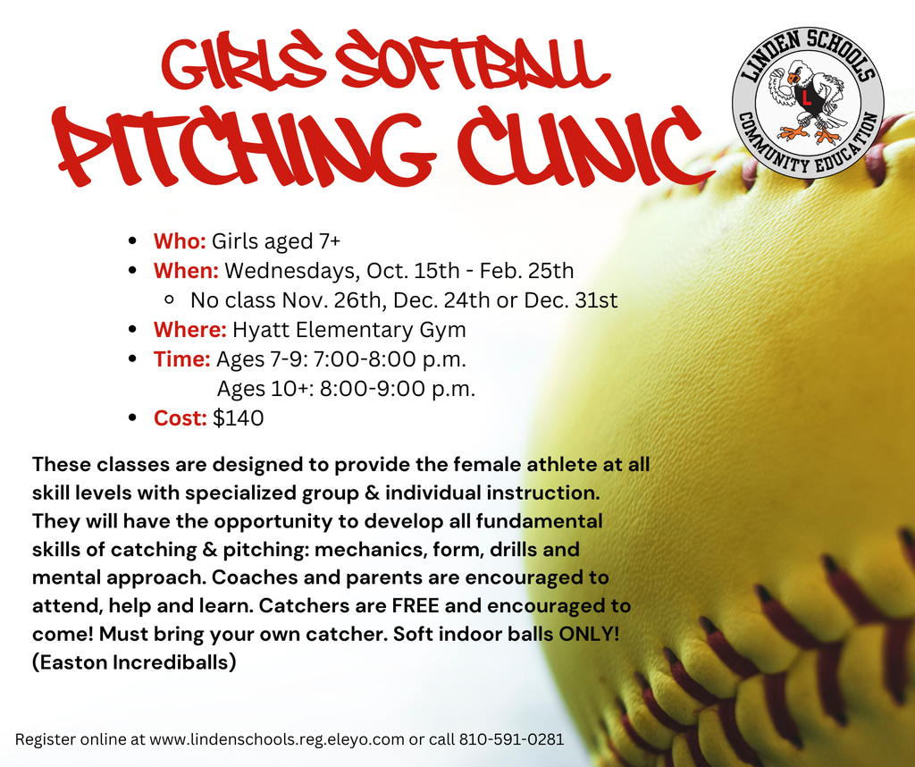 white background with black and red text with a picture of a softball detailing the upcoming girls softball pitching clinic that starts on Wed., Oct. 15th