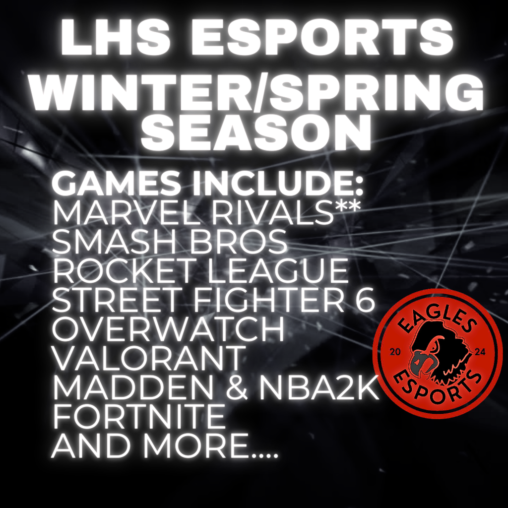 lhs esports games: marvel, smash, rocket league, street fighter, overwatch valorant, madden NBA, fortnite and more eagle logo