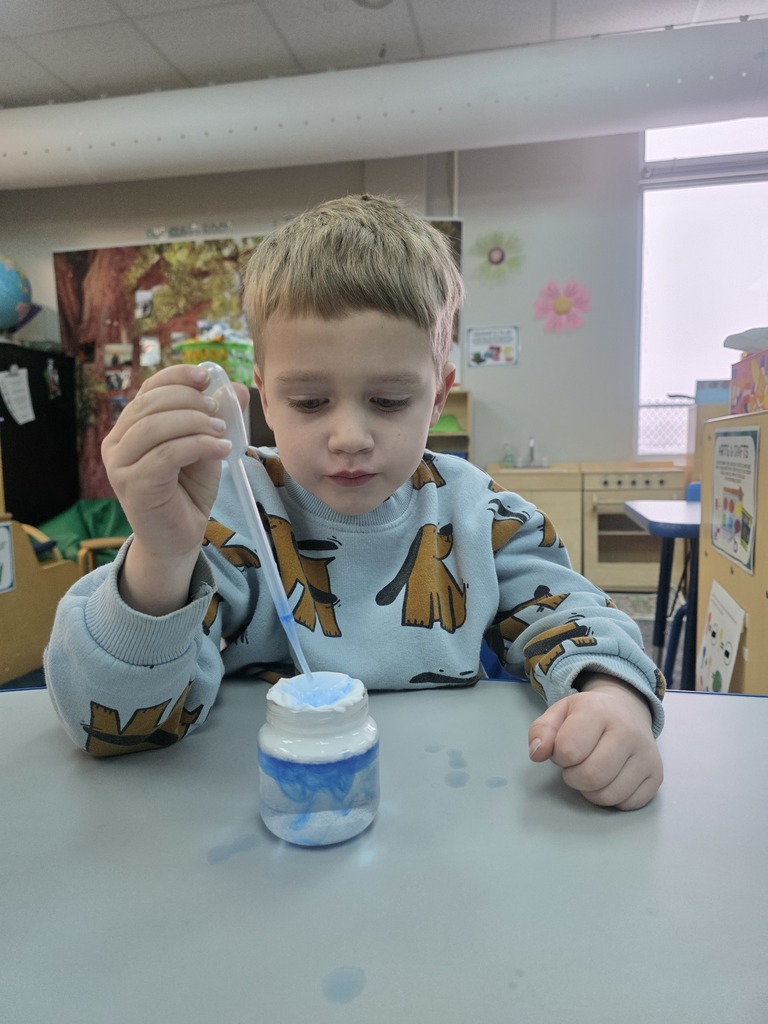 A young boy in a patterned sweater focuses intently on a science activity, holding a dropper over a small blue and white container on a classroom table.