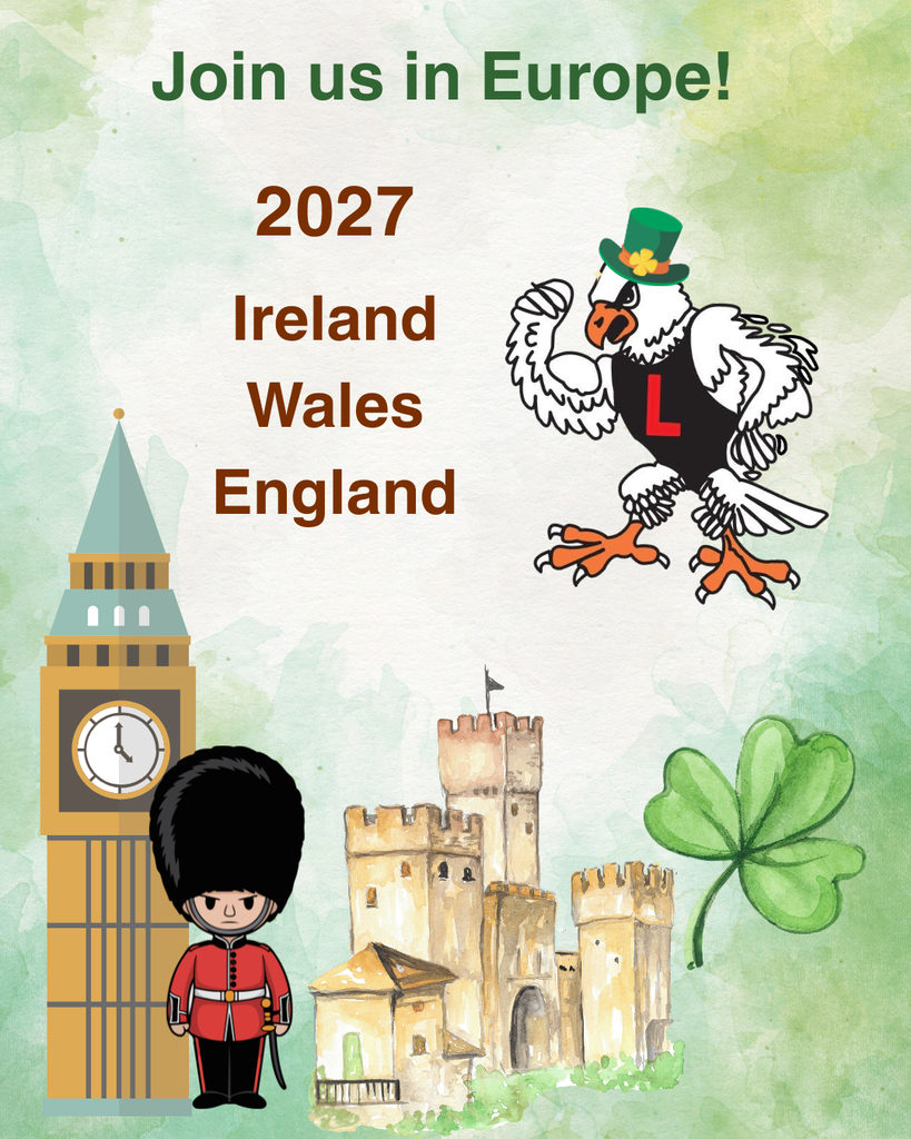 An event flyer with a green and white watercolor-textured background inviting people to a trip to Europe in 2027.