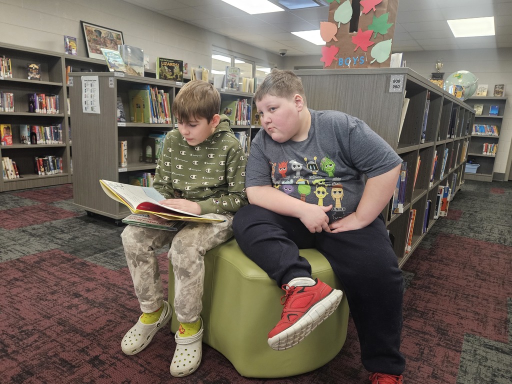 Two elementary students reading together.