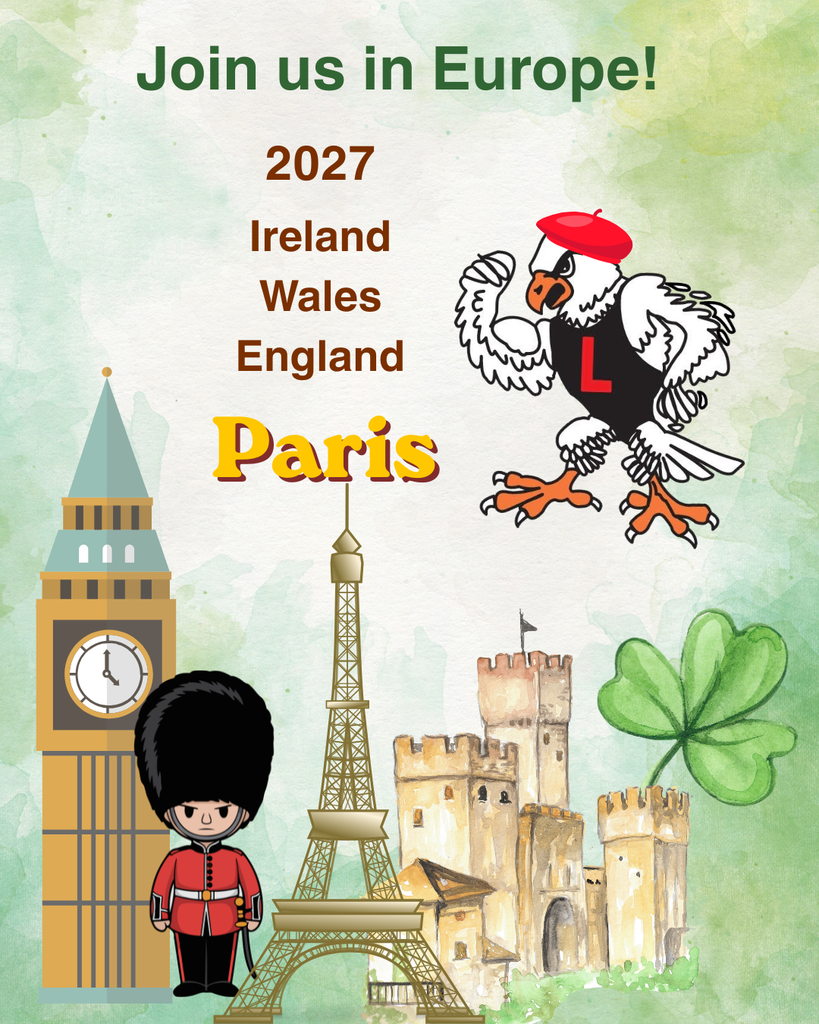 Graphics featuring iconic European landmarks with text Join us in Europe! 2027 Ireland, Wales, England, Paris
