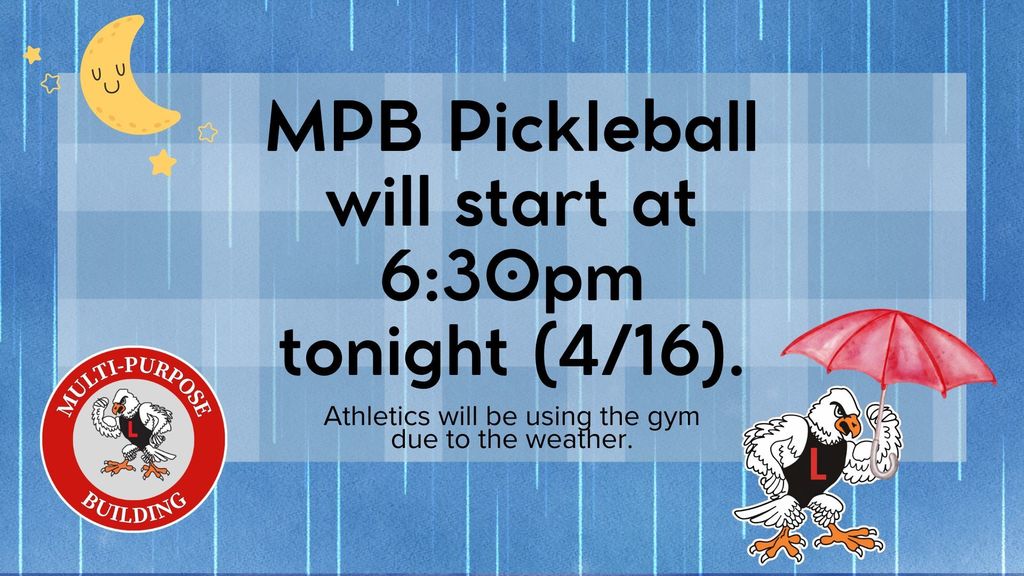 MPB pickleball starts at 6:30pm over rainy background