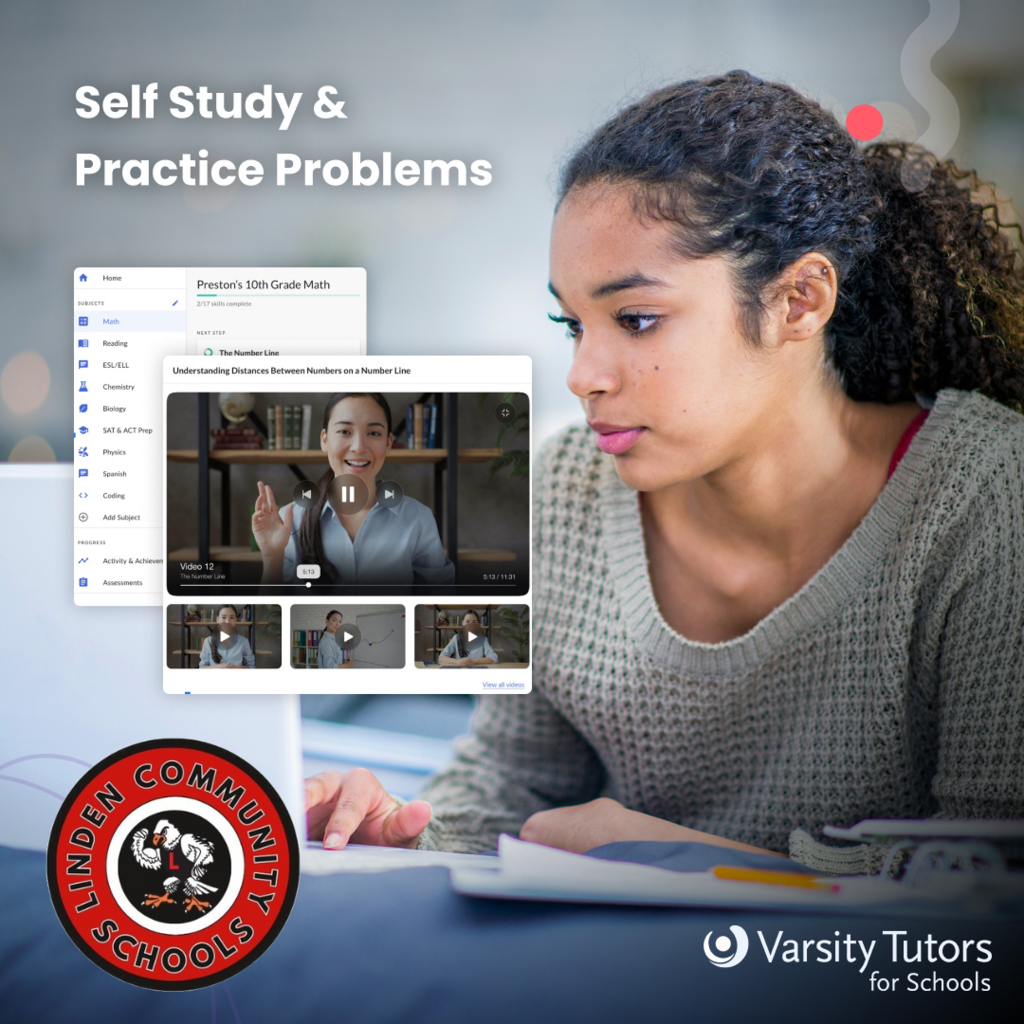 Female student working at a laptop with the words Self Study & Practice Problems and logos for Linden Community Schools and Varsity Tutors for Schools