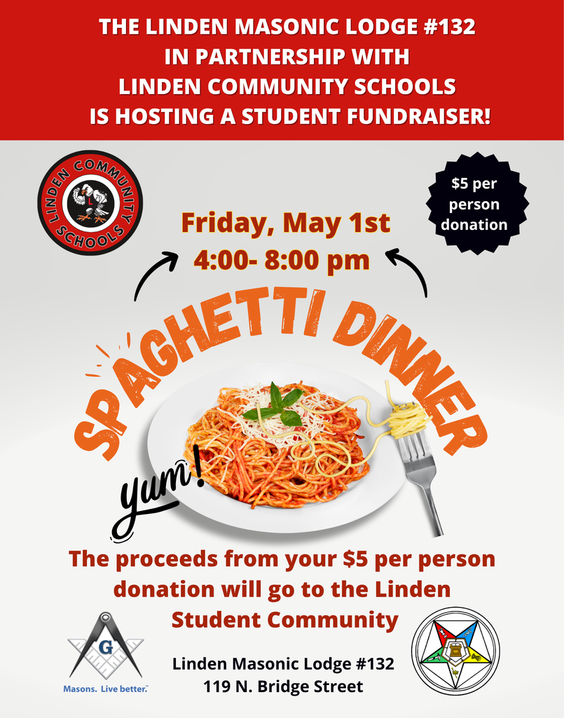 LCS Spaghetti Dinner 2026- May 1, 2026, 4:00-8:00 pm at Linden Masonic Lodge