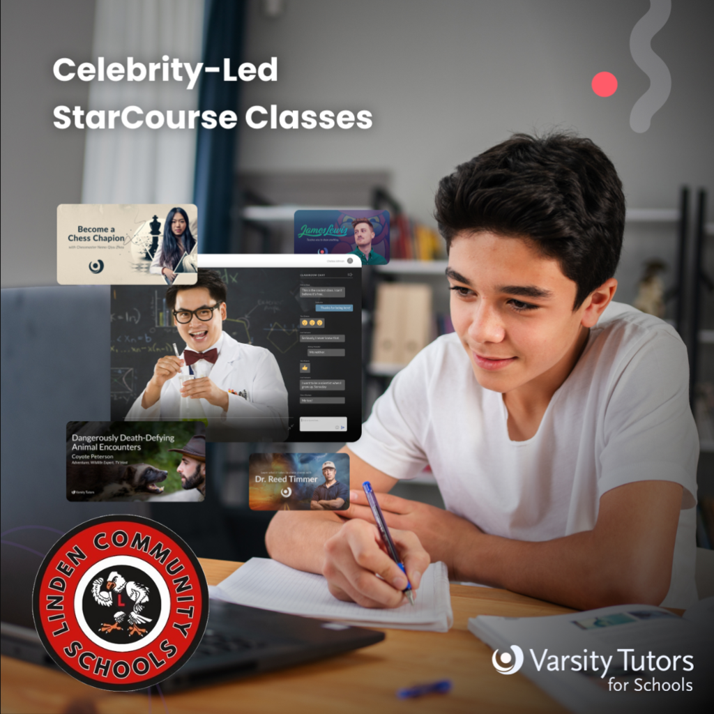 Male student writing on paper in front of a laptop with the words Celebrity Led StarCourse Classes and the logos for Linden Schools and Varsity Tutors for Schools