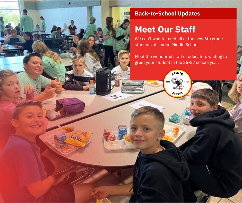 Students eating lunch at a round cafeteria table with the words meet our staff