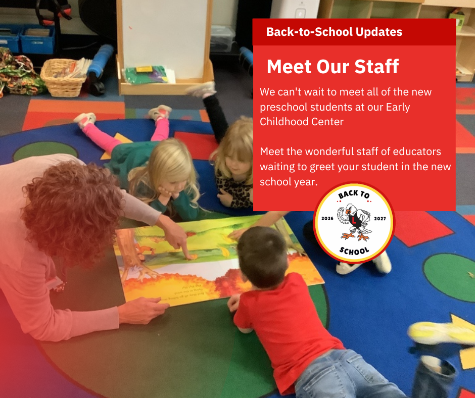 Students on a rug looking at a large picture book together with the words Meet our Staff