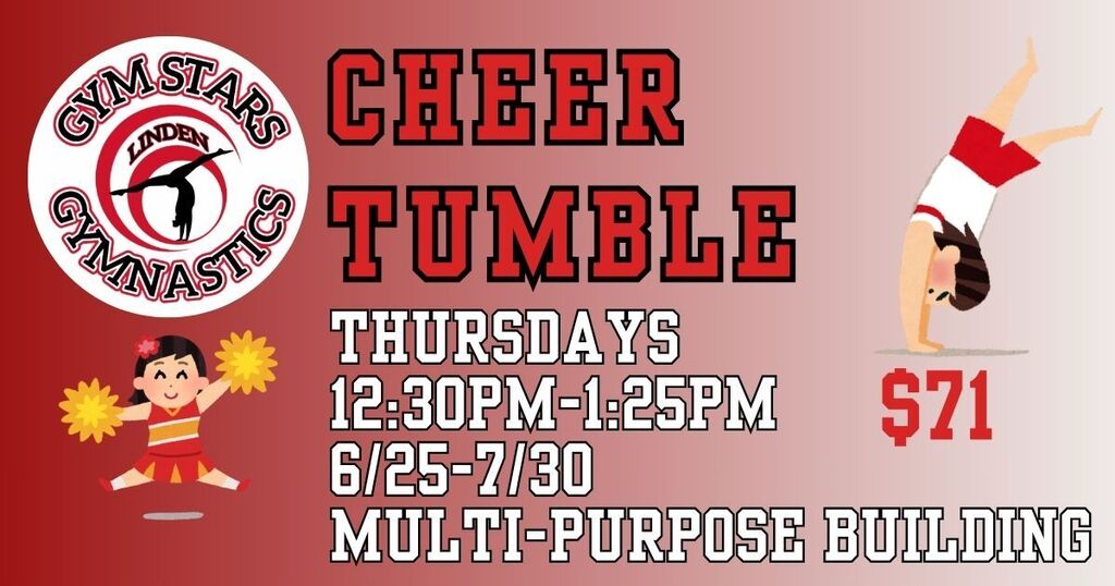 Gym Stars' Cheer tumble class begins Thursday 6/25/26. Sign up now!