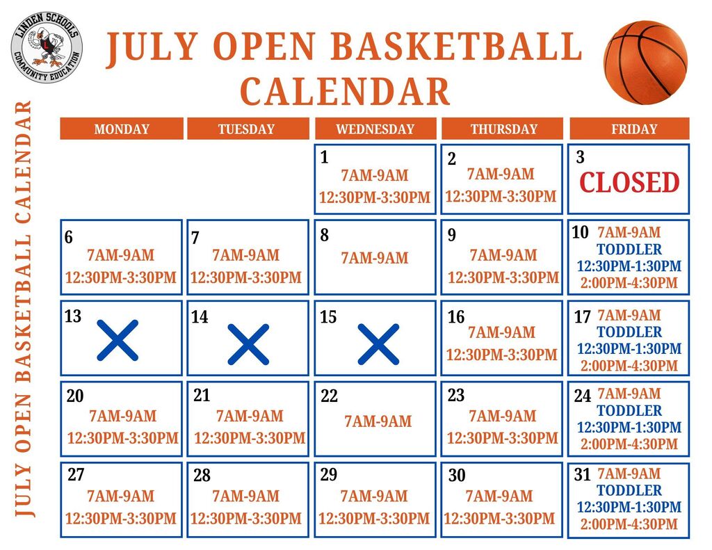 July MPB Open Basketball Calendar