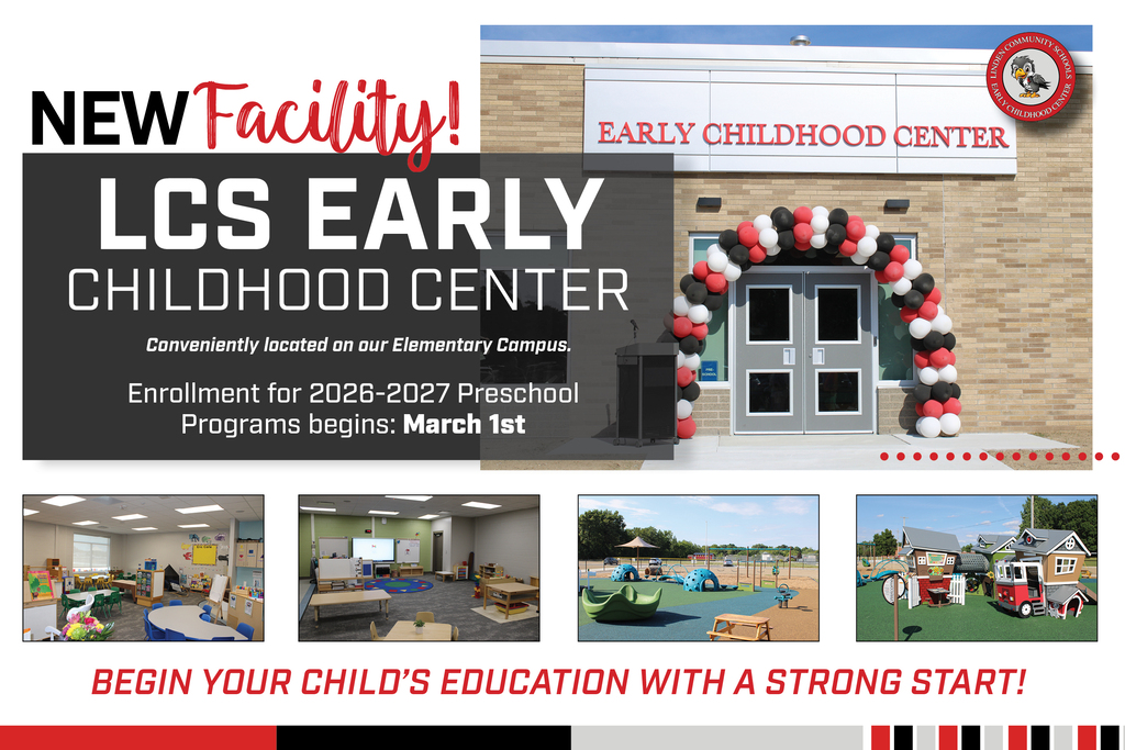 Promotional mailer for the new LCS Early Childhood Center announcing 2026-2027 preschool enrollment starting March 1st. The image features the building's exterior with a festive balloon arch, alongside four smaller photos showcasing two modern, colorful indoor classrooms and two vibrant outdoor playground areas.