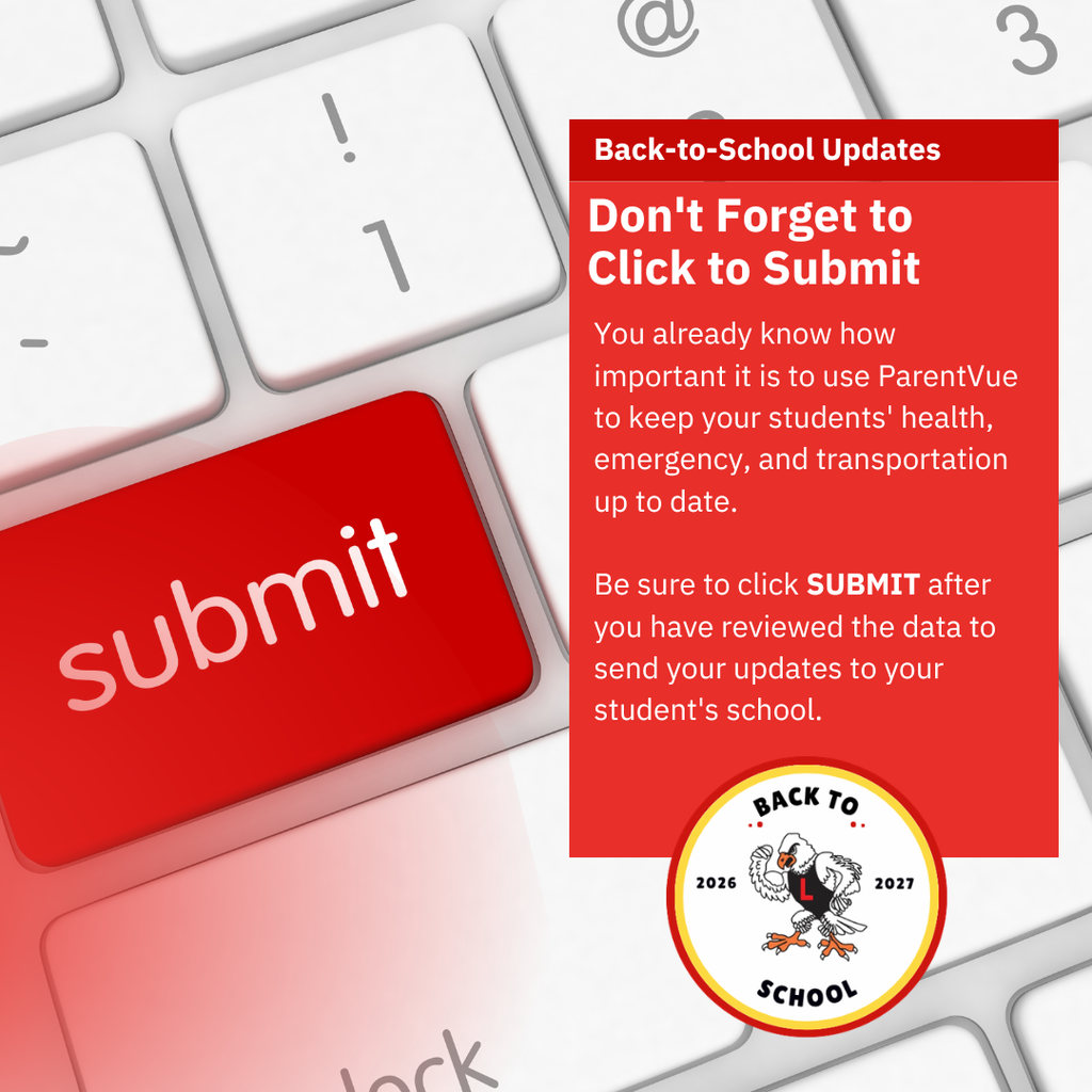 Keyboard background with a reminder to submit student information on ParentVue