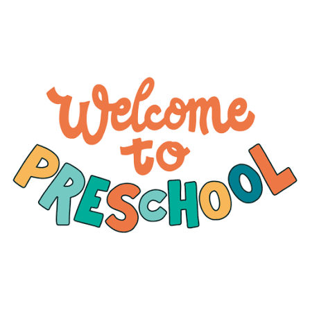 Colorful hand-lettered graphic that reads 'Welcome to Preschool' in orange cursive script above colorful block letters arched in yellow, teal, and orange.