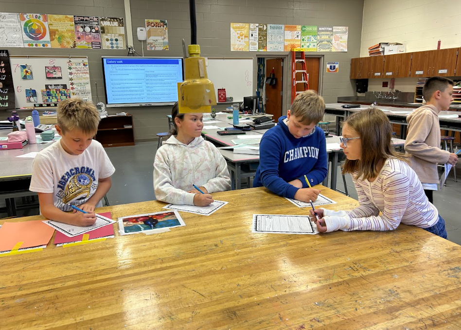 Students working together to interpret a still life and then reflect about their responses versus the teacher's responses in a self-checking gallery walk.