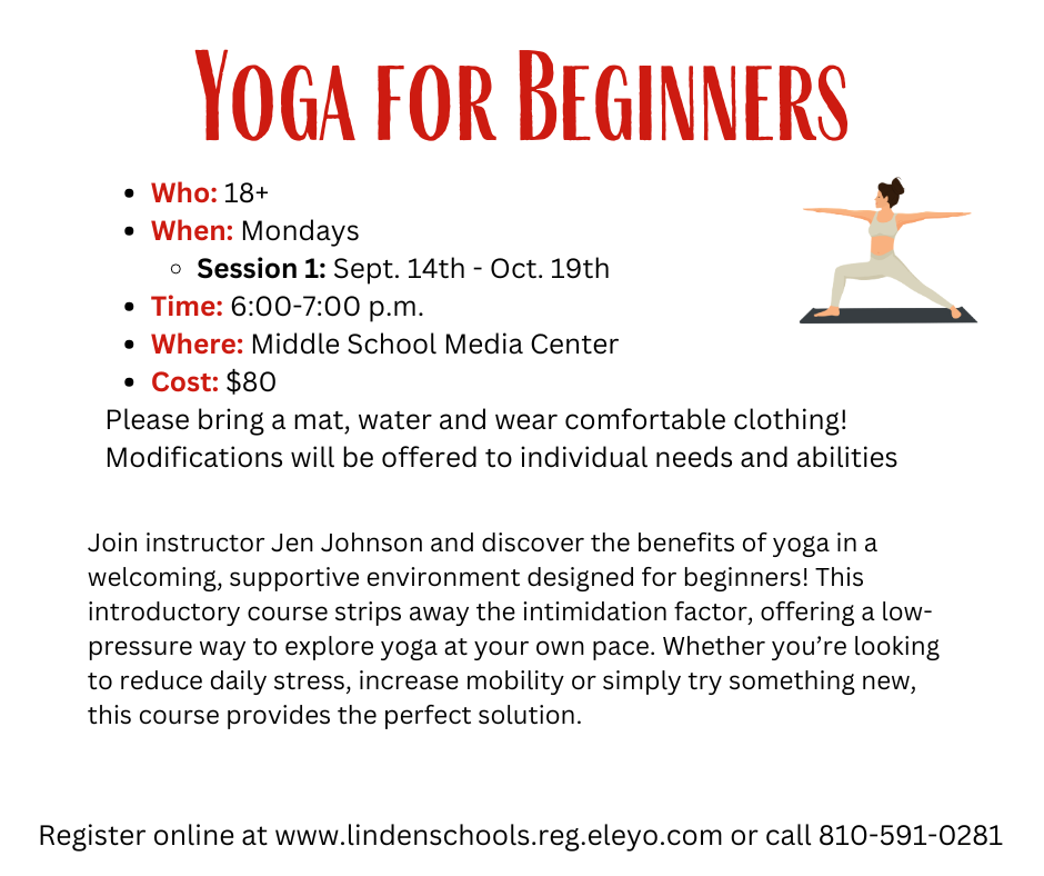 Yoga for Beginners dates and times, Join instructor Jen Johnson and discover the benefits of yoga in a welcoming, supportive environment designed for beginners! This introductory course strips away the intimidation factor, offering a low-pressure way to explore yoga at your own pace. Whether you’re looking to reduce daily stress, increase mobility or simply try something new, this course provides the perfect solution.