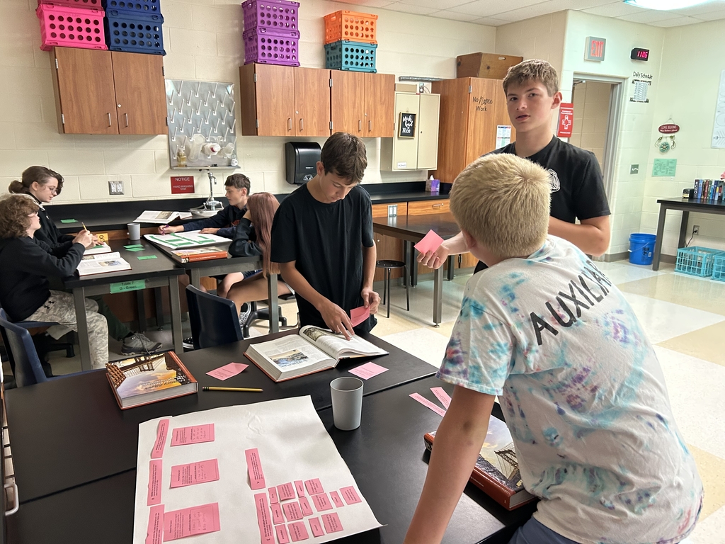 Students are collaborating on a pre-reading strategy with their pink choices of paper.