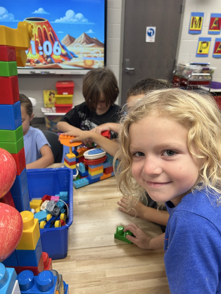 Student building a tower.