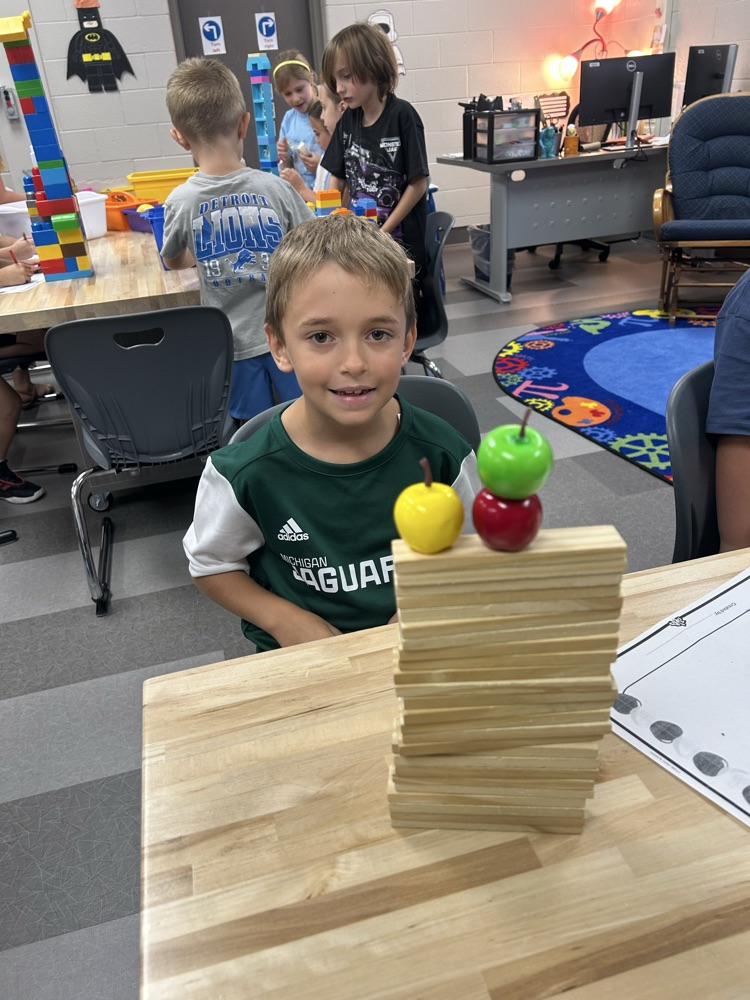 Student building a tower.