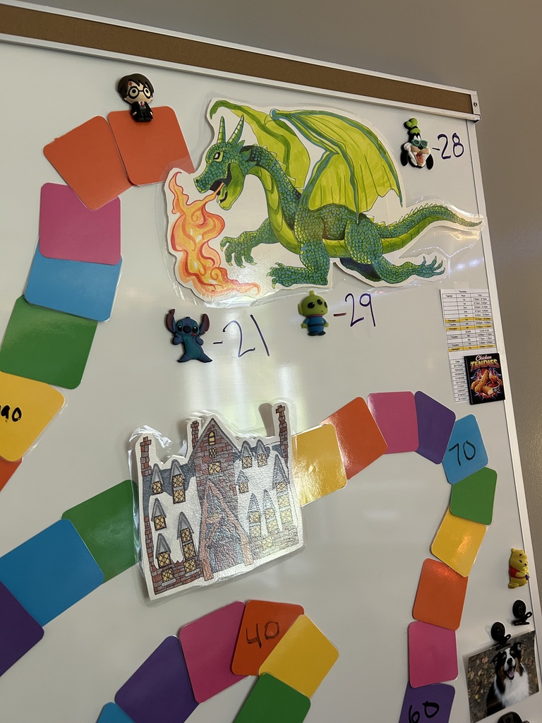 A picture of a laminated dragon on a game board fixed to a classroom whiteboard.