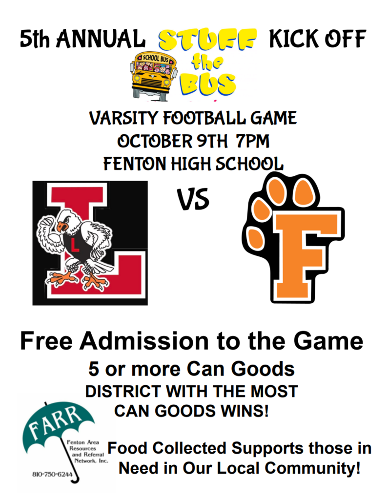 Stuff the bus Fenton vs. Linden football game on Oct. 9. Bring five cans and get in free