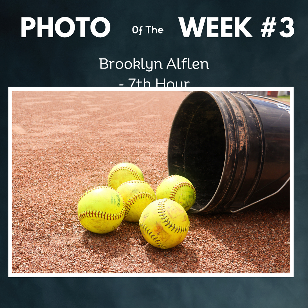 Graphic labeled "PHOTO OF THE WEEK" featuring a photograph by Brooklyn Alflen (7th Hour) showing bright yellow tennis balls spilled out of a black plastic bucket onto a red court surface.