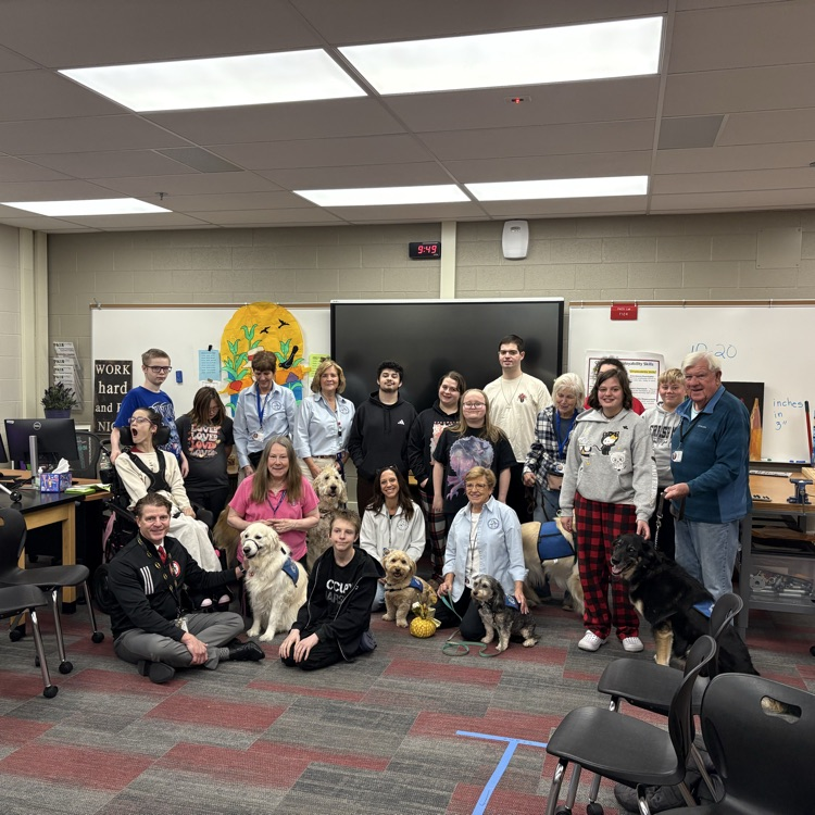 students sitting in room with therapy dogs