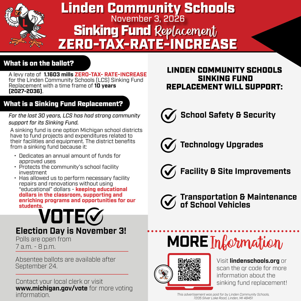 Linden Community Schools Sinking Fund Replacement informational flyer for the November 3, 2026 election, detailing a 10-year, zero-tax-rate-increase 1.1603 mill levy to support safety, technology, facility upkeep, and school transportation.