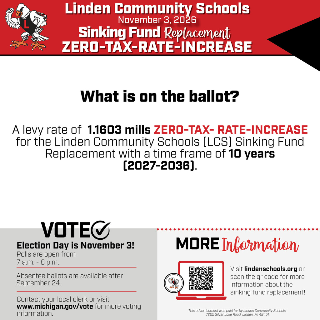 Linden Community Schools ballot information for the November 3, 2026 election proposing a 10-year, 1.1603-mill Sinking Fund Replacement with a zero-tax-rate increase from 2027 to 2036.