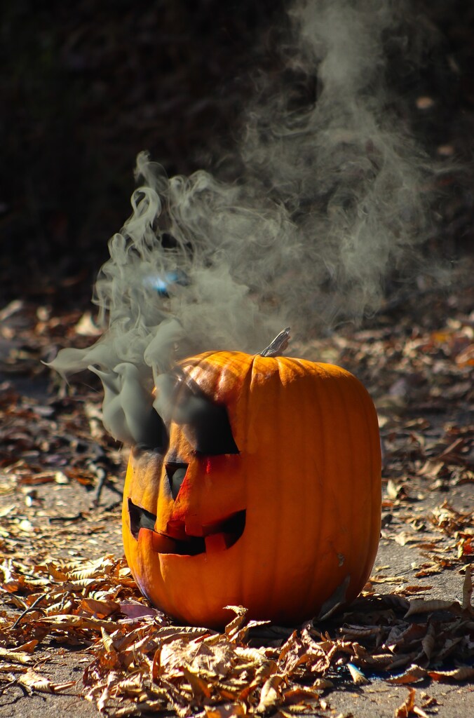 Orange pumpkin with black smoke and leaves