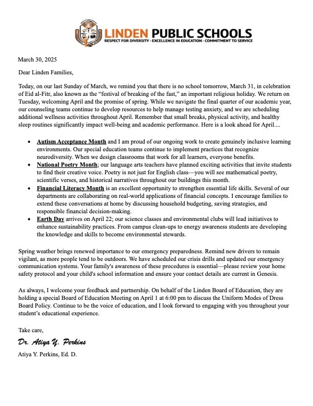 superintendents message 3-30-2025