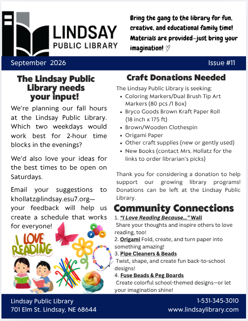 📰 New Newsletter Alert! 📚 See what’s happening at Lindsay Public Library this September—from library updates and community connections to creative activities and craft donation opportunities! We’d love to hear from you and see you at the library!