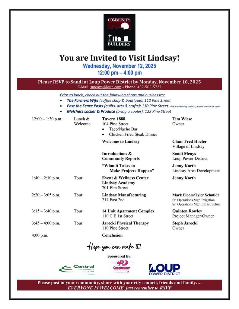 Agenda for the Community Builders Tour of Lindsay