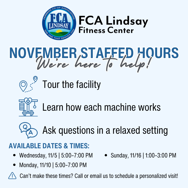 FCA Lindsay Fitness Center staffed hours tomorrow 5–7 PM. Tours, sign-ups, equipment help. Call or email to schedule a visit.