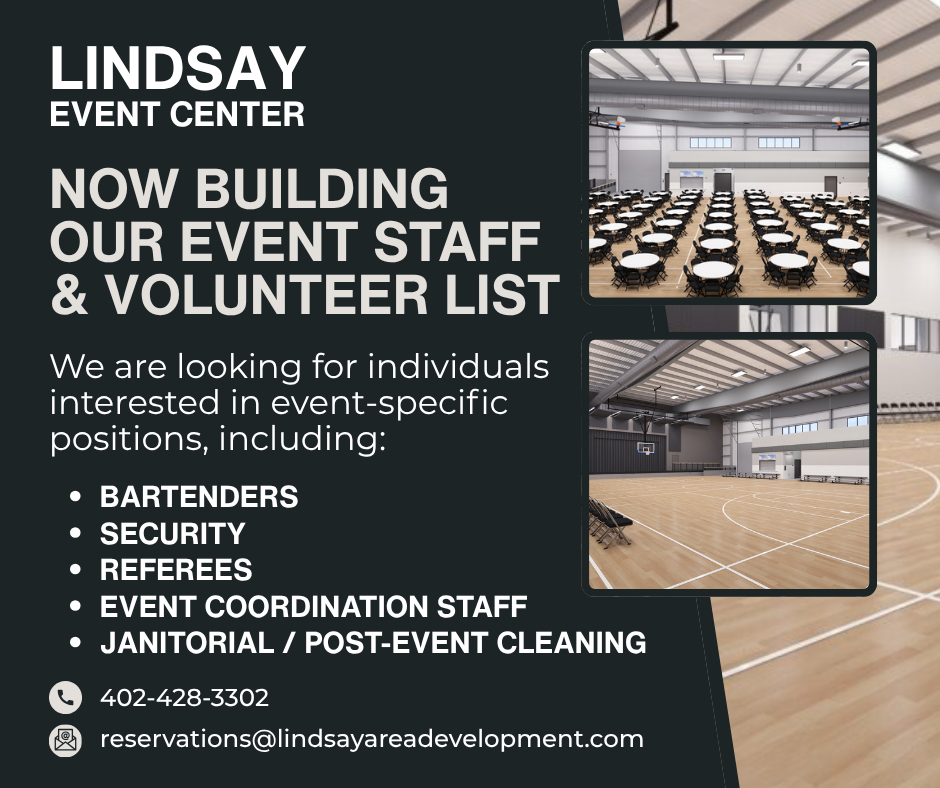 Flyer seeking volunteers and event staff for the Lindsay Area Event & Wellness Center. Positions include bartenders, security, referees, event staff, and cleaning. Call or email to join the list.