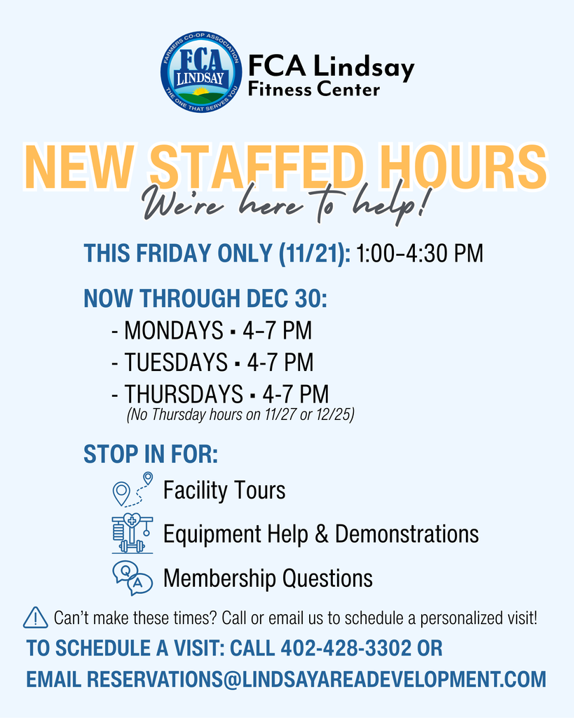 Graphic announcing new staffed hours at the FCA Lindsay Fitness Center, including Friday 11/21 from 1–4:30 PM and regular Monday, Tuesday, and Thursday hours from 4–7 PM, excluding Thanksgiving and Christmas.