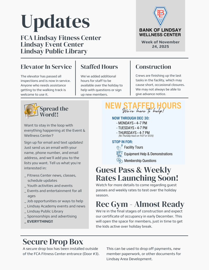 Newsletter graphic featuring the FCA Lindsay Fitness Center, Lindsay Event Center, and Lindsay Public Library. Click the link to view the PDF version of the newsletter: https://lindsayareadevelopment.com/wp-content/uploads/2025/11/Newsletter_Nov24-Dec6.pdf.