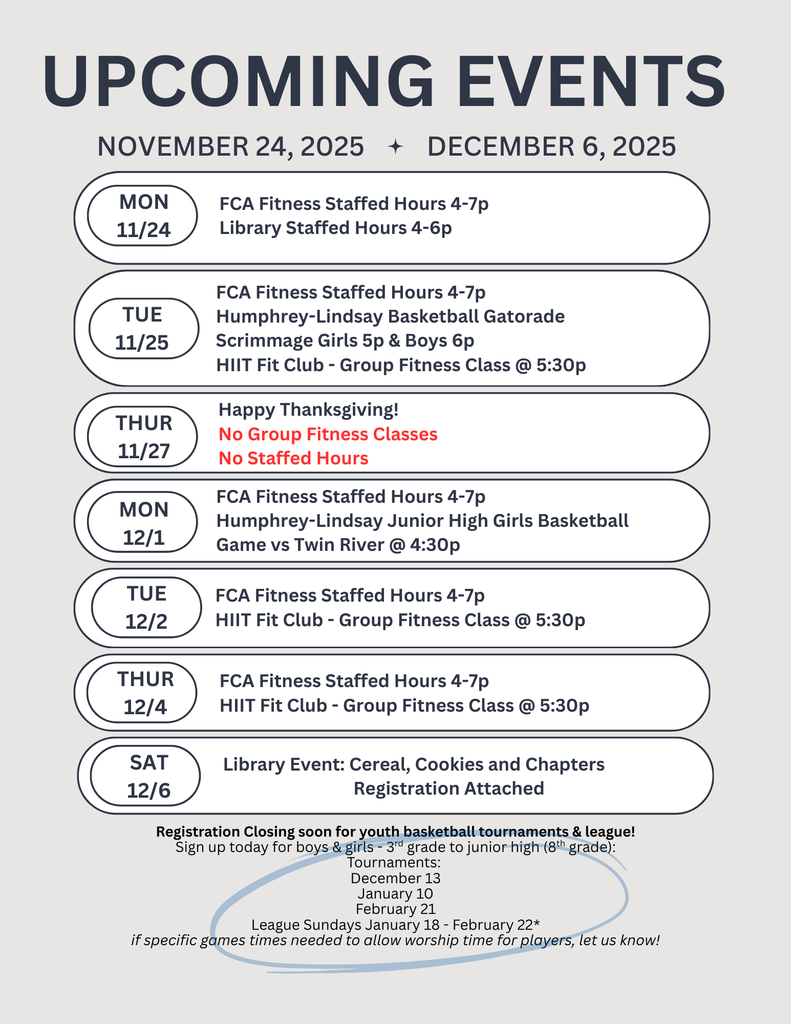 Newsletter graphic featuring the FCA Lindsay Fitness Center, Lindsay Event Center, and Lindsay Public Library. Click the link to view the PDF version of the newsletter: https://lindsayareadevelopment.com/wp-content/uploads/2025/11/Newsletter_Nov24-Dec6.pdf.