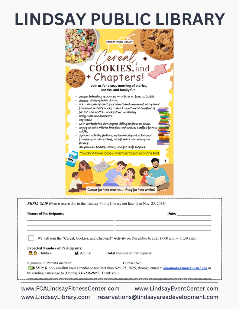 Newsletter graphic featuring the FCA Lindsay Fitness Center, Lindsay Event Center, and Lindsay Public Library. Click the link to view the PDF version of the newsletter: https://lindsayareadevelopment.com/wp-content/uploads/2025/11/Newsletter_Nov24-Dec6.pdf.