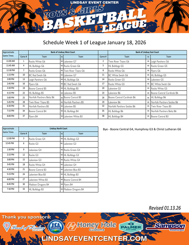 Schedule for week 1 of the 2026 Basketball League