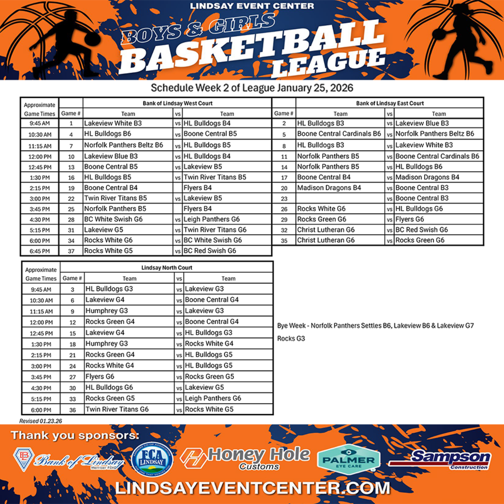 Basketball Leage Schedule - January 25, 2026