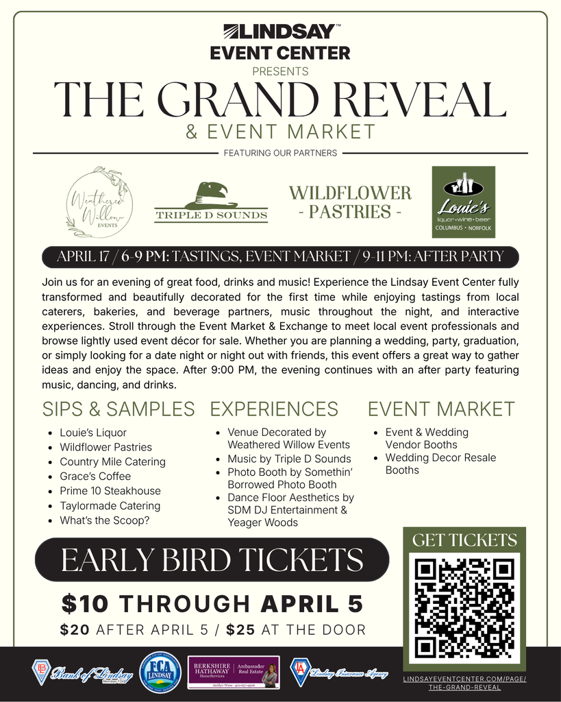 Flyer for The Grand Reveal & Event Market on Friday, April 17th.