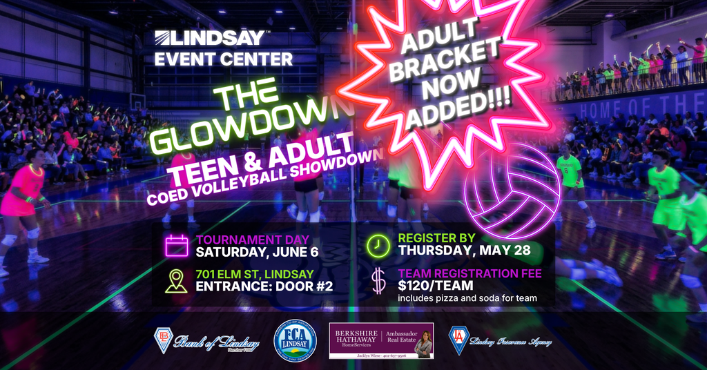 Flyer for The Glowdown: Teen & Adult Coed Volleyball Tournament