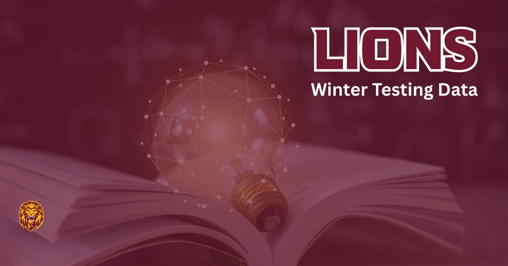 An open book with a glowing light bulb rising from the pages, surrounded by a network of connected dots, symbolizing learning and data. The text ‘LIONS Winter Testing Data’ appears in the upper right corner, with a Lions logo on the left.”