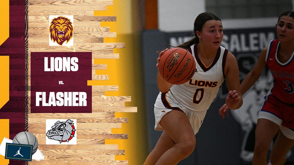 A basketball-themed graphic announcing a matchup between the Lions and Flasher. On the left side, a wood-floor background features the Lions logo at the top, the text “LIONS vs. FLASHER” in bold white letters on maroon boxes, and the Flasher Bulldogs logo near the bottom beside a basketball graphic. On the right side, a girls’ basketball player in a white Lions uniform with the number 0 is dribbling the ball while being closely defended by an opposing player in a blue and red uniform. The design includes gold and maroon accents.